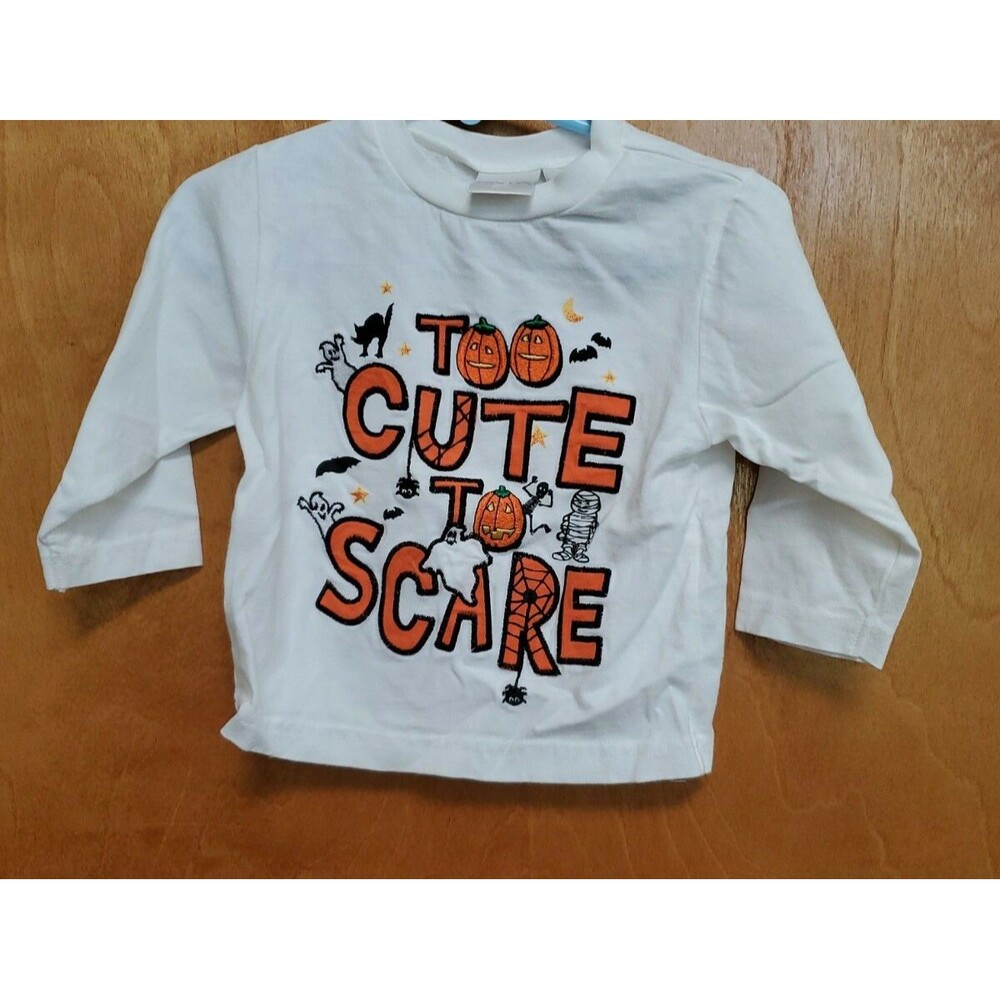 Halloween 12 month white shirt pumpkins Too Cute to scare Halloween shirt